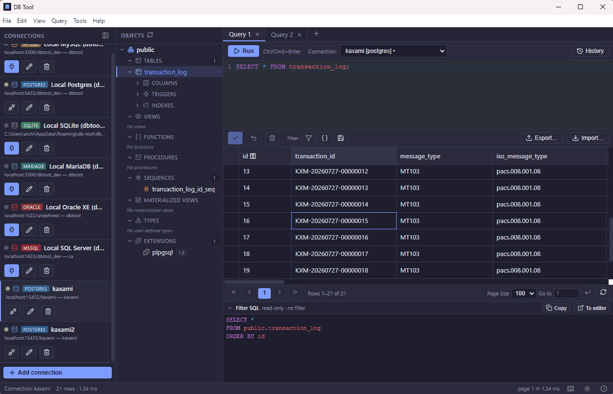 DBTool — SQL editor and results grid